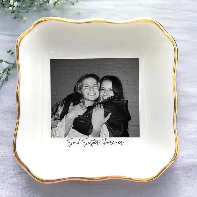 Personalized Besties Photo Ring Dish, Custom Jewelry Dish Gift for Besties, Soul Sister Trinket Dish Gift for Long Distance Friendship Women BFF Christmas Birthday Wedding Gift