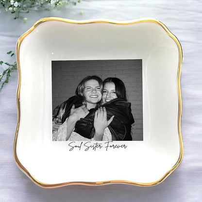 Personalized Besties Photo Ring Dish, Custom Jewelry Dish Gift for Besties, Soul Sister Trinket Dish Gift for Long Distance Friendship Women BFF Christmas Birthday Wedding Gift