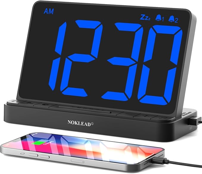 NOKLEAD Digital Alarm Clock for Bedroom: Large 6.5-inch LED Display, Stepless Brightness, 9-Mins Snooze, USB Charging Port, 2 Alarm with 5 Ringtone 3 Volume, Easy to Use for Kids Seniors (Black)