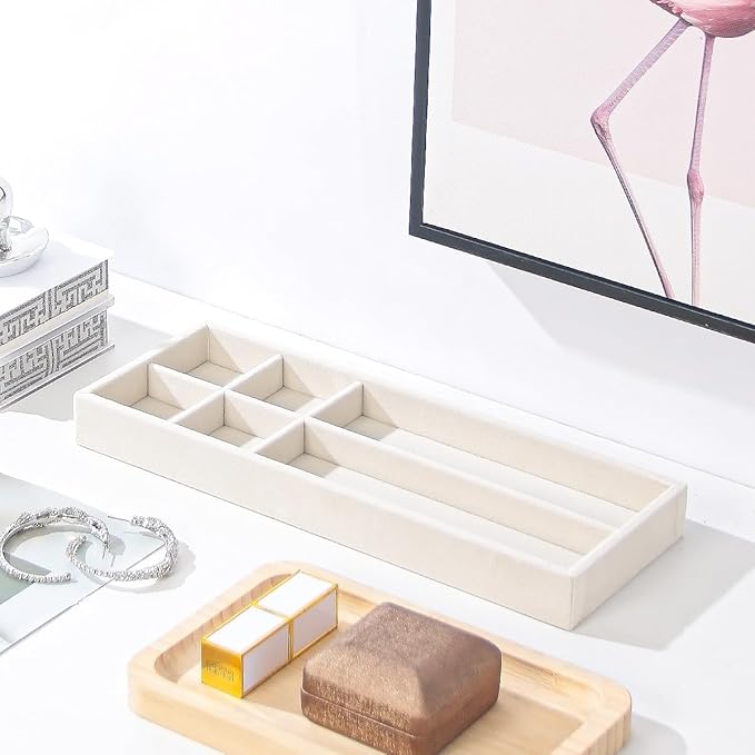 2Pcs Desk Drawer Storage Tray, Nightstand Organizer, Necklace Bracelet Ring Earring Jewelry Display, Grid Table Organizer Holder for Sunglass, Phone, Watch, Perfume (6 grid)/Beige