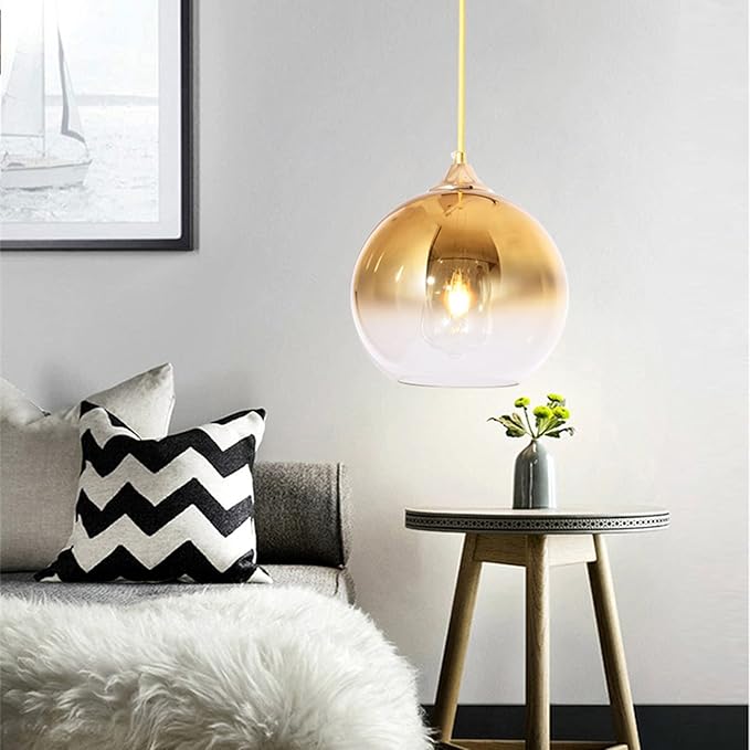 Gradient Gold Glass Globe Pendant Light,Spherical Glass Hanging Light Fixtures Island Ceiling Lamp (11.8'')