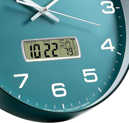 Wall Clock, 10" Dial Non-Ticking Silent Battery Operated Analog with LCD Display for Perpetual Calendar and F° Temperature, Ideal Modern Home, Office Decor (Green)