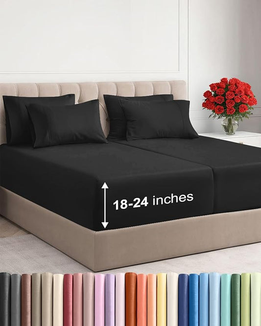 Extra Deep Split King Sheet Set - 7 Piece Breathable & Cooling Sheets - Hotel Luxury Bed Sheets Set - Easy & Secure Fit - Soft, Wrinkle Free & Comfy Sheets Set - Black Sheet Set w/Extra Deep Pockets