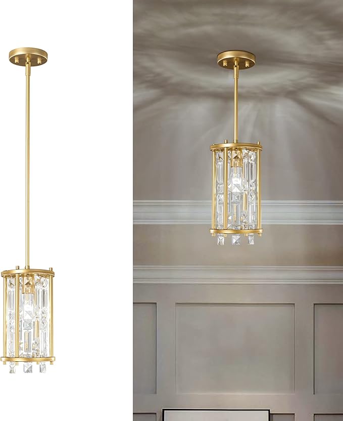 LMQNINE Modern Gold Pendant Lights Kitchen Island, Crystal Chandelier Lights Fixture, Elegant Adjustable Pendant Lighting for Dining Room Bedroom (Round 1-Light)