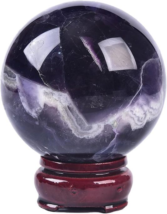 JIC Gem Colorful Fluorite Crystal Ball with Wooden Stand Healing Crystal Sphere Ball for Feng Shui Decor Spiritual Gifts 70-80mm
