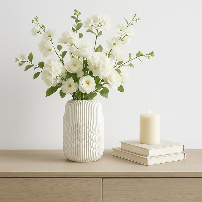 Ceramic Vase for Office and Room Decor – 3D Printed Ribbed Elegant Flower Vase for Bedroom, Table, and House Setting – Minimalist Accent for Home and Living Room Decor – Ivory (14 Inch)