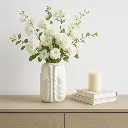 Ceramic Vase for Office and Room Decor – 3D Printed Ribbed Elegant Flower Vase for Bedroom, Table, and House Setting – Minimalist Accent for Home and Living Room Decor – Ivory (14 Inch)