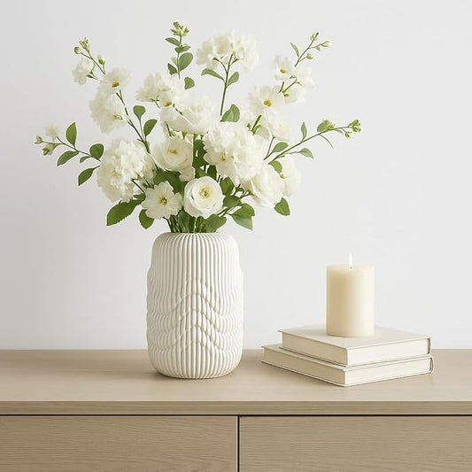 Ceramic Vase for Office and Room Decor – 3D Printed Ribbed Elegant Flower Vase for Bedroom, Table, and House Setting – Minimalist Accent for Home and Living Room Decor – Ivory (14 Inch)