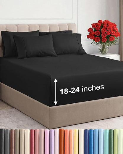 Extra Deep King Sheet Set - 6 Piece Breathable and Cooling Sheets - Hotel Luxury Bed Sheets Set - Easy & Secure Fit - Soft, Wrinkle Free and Comfy Sheets Set - Black Sheet Set with Extra Deep Pockets