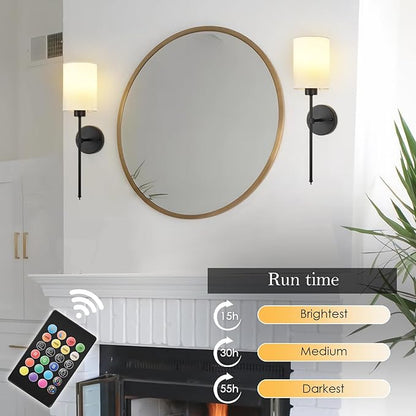 Battery Operated Wall Sconces Set of Two,Wireless Rechargeable Wall Light With Remote Control, Dimmable, Amber Light/Warm White/Natural White/Daylight/RGB, Timer,for Living Room,Bedroom,Entryway,Black