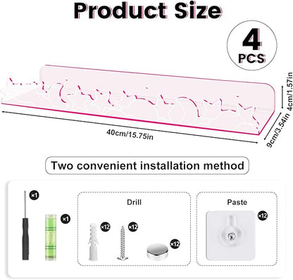Floating Shelves for Wall,4 Pack 15.7’’x 3.5’’Adhesive Acrylic Shelves Organizer for Book Toy Photo Makeup,Wall-Mounted Kids Storage for Bathroom,Bedroom,Nursery,Pink Star and Moon