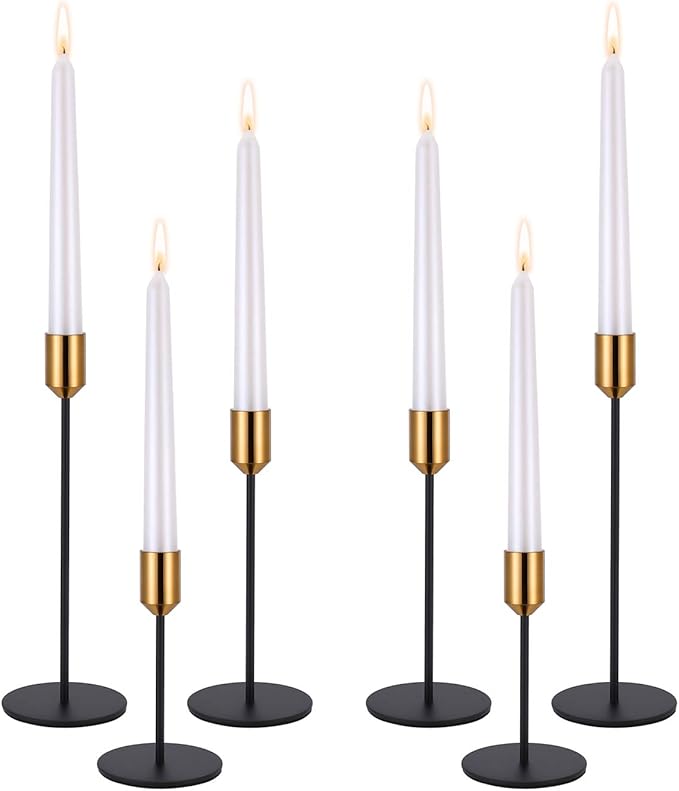 Candle Holders,Set of 6 Candlestick Holders for Taper Candles, Brass Gold Black Modern Decorative Candle Stick Holder for Table, Mantel, Wedding, Dinning, Party(Candles are not Included)