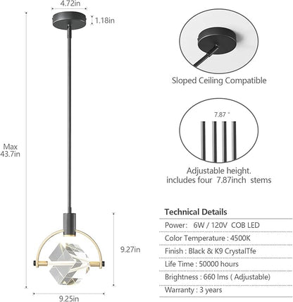 Pendant Ceiling Light Fixture for Kitchen Island, Dimmable Modern Integrated LED Hanging Light, Crystal Pendant Light in Black Gold Finish, Bedroom, Dining Room (1-Lights)