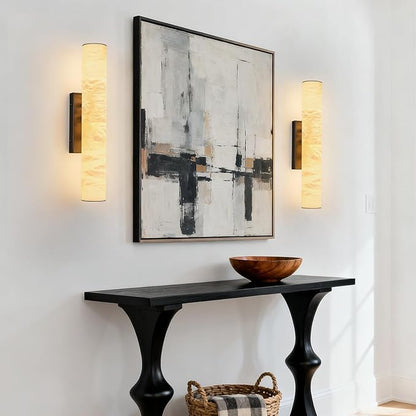 LMQNINE Natural Alabaster Wall Sconces Spanish Marble Wall Light Cylinder Modern Black LED Sconce for Living Room Bedroom Bathroom Stairs（S-1Pack）
