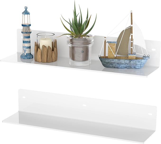 Sezanrpt 16 Inches White Acrylic Shelves, Wall Hanging Spice Rack, Wall Organizer Storage Shelf for Kitchen, Dining Room, Living Room, Bedroom, Bathroom, 2 Pack