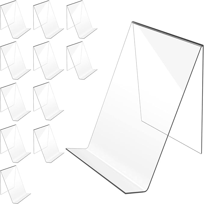 trophable 12PACK Acrylic Book Stand, 4x5 Inch Clear Book Display Easel Clear Acrylic Holder for Displaying Picture，Notebooks,Music Sheets Artworks,CDs