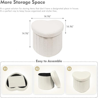 B FSOBEIIALEO Storage Ottoman Cube, Heart Shaped Ottomans with Storage Foot Stool Footrest for Lving Room, Boucle Ottoman Seat for Dorm Room,Faux Teddy Fur, White 15"x15"x15"