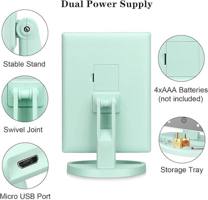 Tri-fold Lighted Vanity Makeup Mirror with 3x/2x Magnification,21 LEDs Light and Touch Screen,180 Degree Free Rotation Countertop Cosmetic Mirror,Travel (Green)