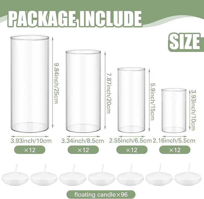 Jinei 48 Pcs 4 Sizes Glass Cylinder Vase Round Clear Vases Hurricane Floating Candle Holder with 96 Pcs Floating Candles for Holiday Wedding Centerpieces Party Event Home Decor (4/6/ 8/10 Inch Tall)