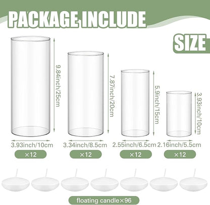 Jinei 48 Pcs 4 Sizes Glass Cylinder Vase Round Clear Vases Hurricane Floating Candle Holder with 96 Pcs Floating Candles for Holiday Wedding Centerpieces Party Event Home Decor (4/6/ 8/10 Inch Tall)
