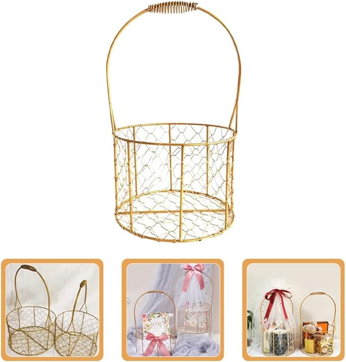Decorative Iron Wire Fruit Basket with Handle Round Storage Basket for Wedding Decoration Floral Arrangements and Organizing Charming and Versatile Design