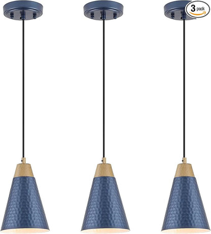 Dijiahua Blue Kitchen Pendant Lighting Over Island 3 Pack,Small Modern Farmhouse Chandeliers Navy Hammered Metal Shade,Mini Vintage Adjustable Cord Hanging Ceiling Lamp Fixtures Over Sink