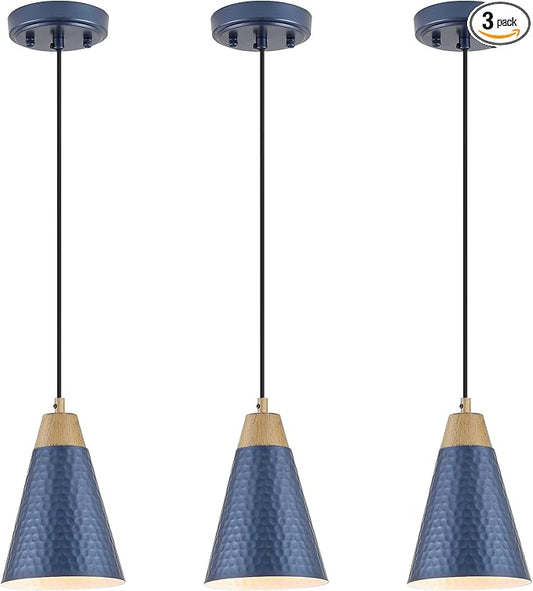 Dijiahua Blue Kitchen Pendant Lighting Over Island 3 Pack,Small Modern Farmhouse Chandeliers Navy Hammered Metal Shade,Mini Vintage Adjustable Cord Hanging Ceiling Lamp Fixtures Over Sink
