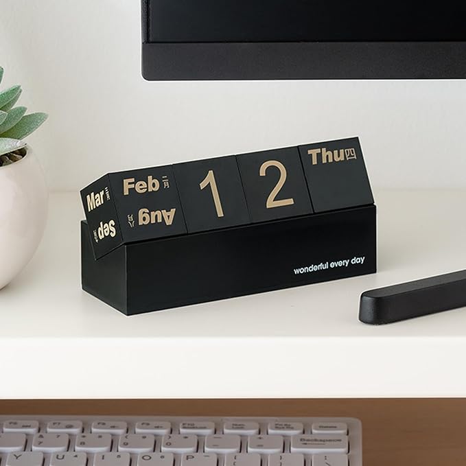Block Calendar for Desk, Daily Desktop Perpetual Desk Calendar, Cute Date Display Blocks Desk Accessory for Home Office Decor, Teacher, Classroom, Reusable Yearly (Black, No phone holder)
