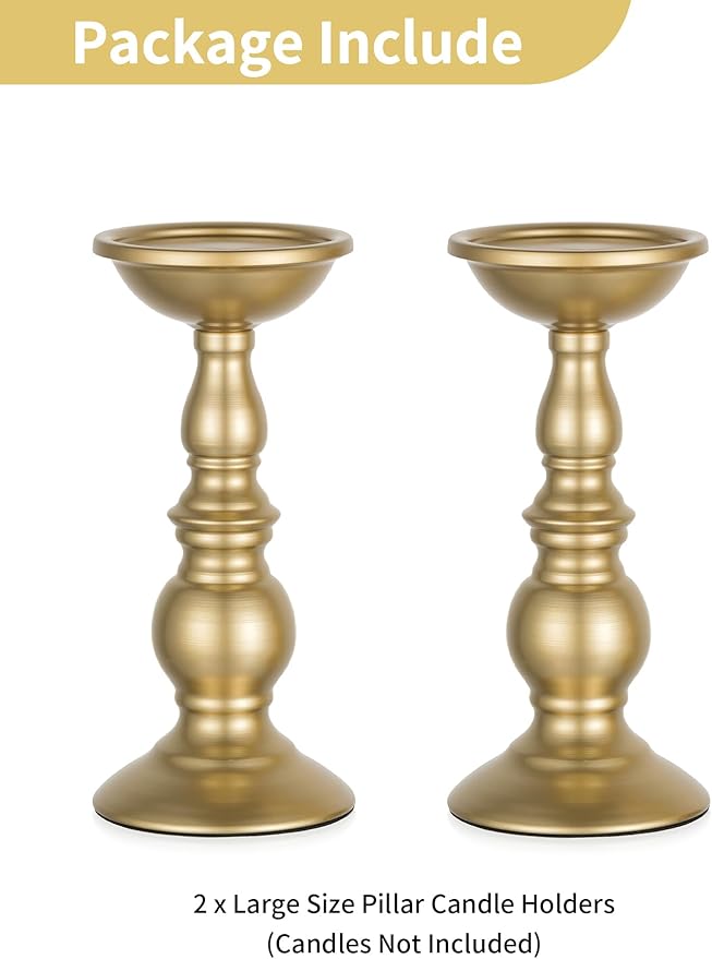 2 Pcs Gold Pillar Candle Holders, Gold Candlestick Most Ideal for 3" Pillar Candles, Gifts for Wedding, Party, Home, Spa, Reiki, Votive Candle (2 x L)