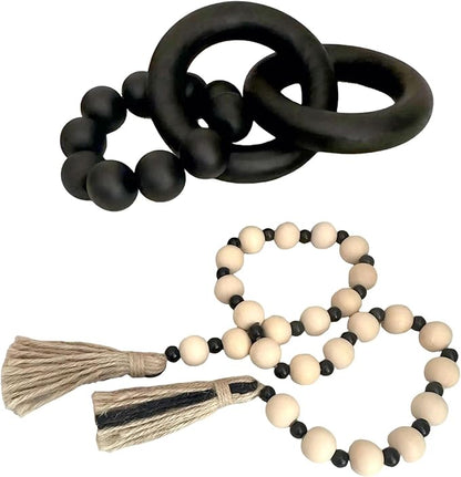 2 pcs Decorative Wood Knot Link Chain and Bead Decor, Black Wooden Knot Decor for Coffee Table Farmhouse Decortive for Home Boho Modern Shelf Decortion(Black)
