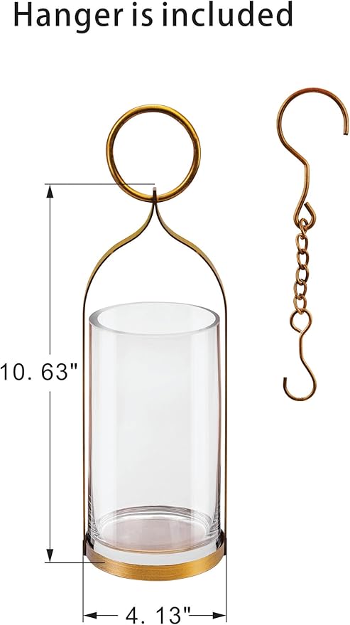 4" Wide Handmade Sturdy Glass Cylinder Jar with Metal Stand in Antique Brass, Display Glass Container for Candles and Plants, Hurricane Lantern, Candle Holder, Industrial, Farmhouse, Outdoor