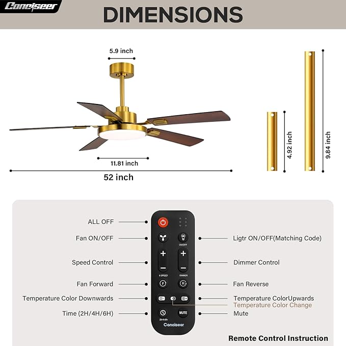 52 Inch Ceiling Fans with Lights and Remote for Bedroom Living Room Kitchen Office, Indoor/Outdoor Use, 5CCT Dimmable, 5 Blades, 6 Speed Reversible Quiet DC Motor, Gold/Wood Grain