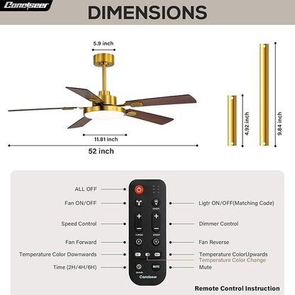 52 Inch Ceiling Fans with Lights and Remote for Bedroom Living Room Kitchen Office, Indoor/Outdoor Use, 5CCT Dimmable, 5 Blades, 6 Speed Reversible Quiet DC Motor, Gold/Wood Grain