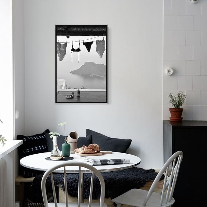 Black and White Photography Canvas Wall Art, Summer Coastal Hanging Bikini Aesthetic Poster, Vintage Trendy Beach Landscape Picture, Museum Photo Art Coastal Print for Bedroom 8x12in Framed