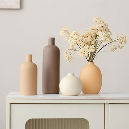 Modern Ceramic Vase Set, Neutral Colors, Decorative Vases for Home Shelf Decor, 4 Piece Collection, Happy Birthday Gifts for Women Mom Her Friend Sister Wife Grandma, Self Care Gift (Coffee Mix set 4)