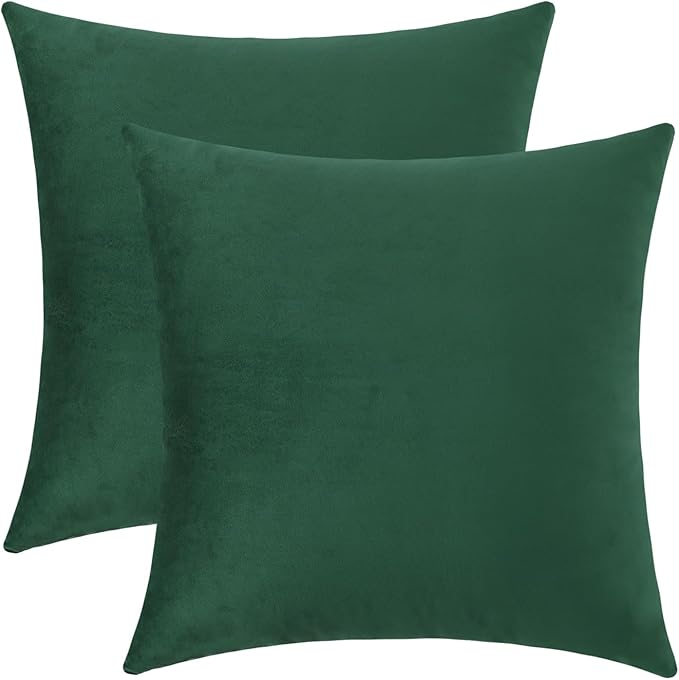 mixeoo Comfy Hunter Green Throw Pillow Covers Christmas Decorative Square Solid Velvet Super Soft Cushion Cases Home Decor for Sofa Couch Living Room, Set of 2, 16 x 16 Inch