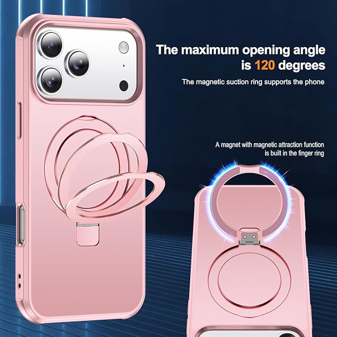 Compatible with iPhone 17 Pro Max Case with Invisible Magnetic O-Ring Stand Military-Grade Phone Case for iPhone 17 ProMax 6.9" [Compatible with Mag-Safe][Great Grip Feeling], Rose Gold