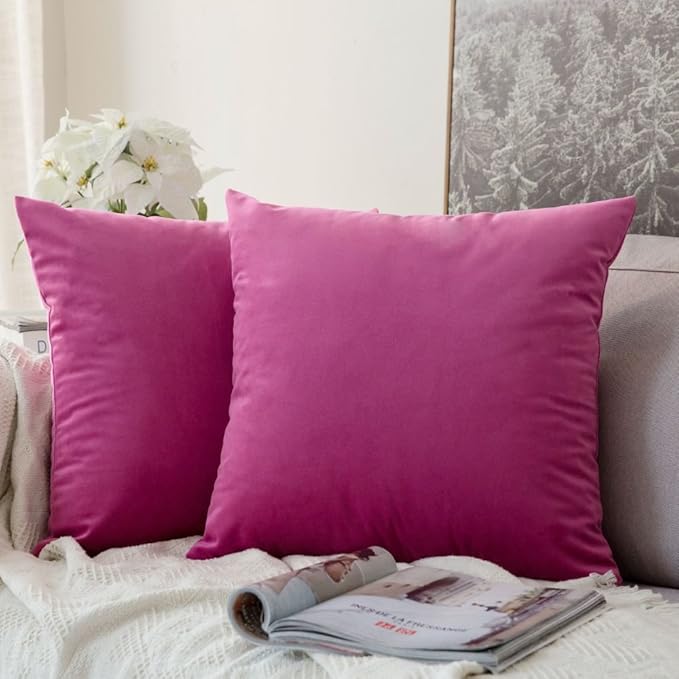 MIULEE Pack of 2, Velvet Soft Solid Decorative Square Throw Pillow Covers Set Cushion Case for Spring Sofa Bedroom Car 18x18 Inch 45x45 Cm Hot Pink