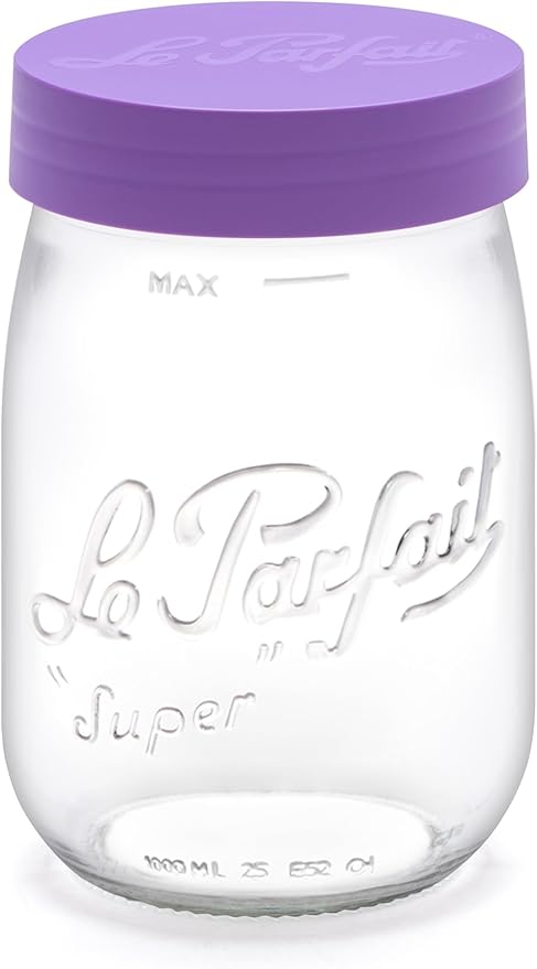 Le Parfait Screw Top Jar Wide Mouth French Glass Jar | Ideal for Food and Soup Storage, Canning, Flour, Brown Sugar, and other Baking Supplies (1L/32oz, Pack of 4, Violet)