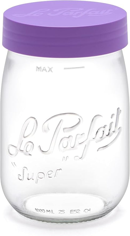 Le Parfait Screw Top Jar Wide Mouth French Glass Jar | Ideal for Food and Soup Storage, Canning, Flour, Brown Sugar, and other Baking Supplies (1L/32oz, Pack of 4, Violet)