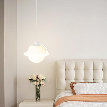 Modern White LED Pendant Light Adjustable Spherical Hanging Lamp with 3 Color Temperatures for Bedroom Bedside Living Room Decorative Iron and Resin Ceiling Fixture