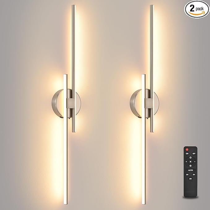 Battery Operated Wall Sconce set of 2, USB Rechargeable Wireless Sconces with Remote Control, LED Dimming Wall Lamp 3 Color/Timer/Memory, 31.4 Inch Brushed Nickel Wall Lights for Bedroom Living Room