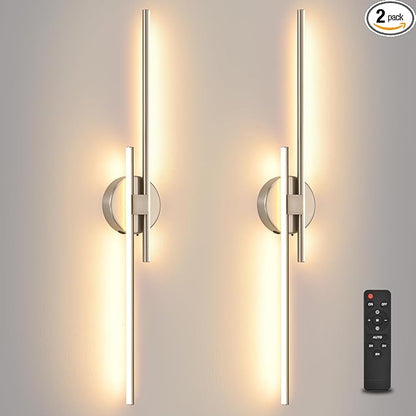 Battery Operated Wall Sconce set of 2, USB Rechargeable Wireless Sconces with Remote Control, LED Dimming Wall Lamp 3 Color/Timer/Memory, 31.4 Inch Brushed Nickel Wall Lights for Bedroom Living Room