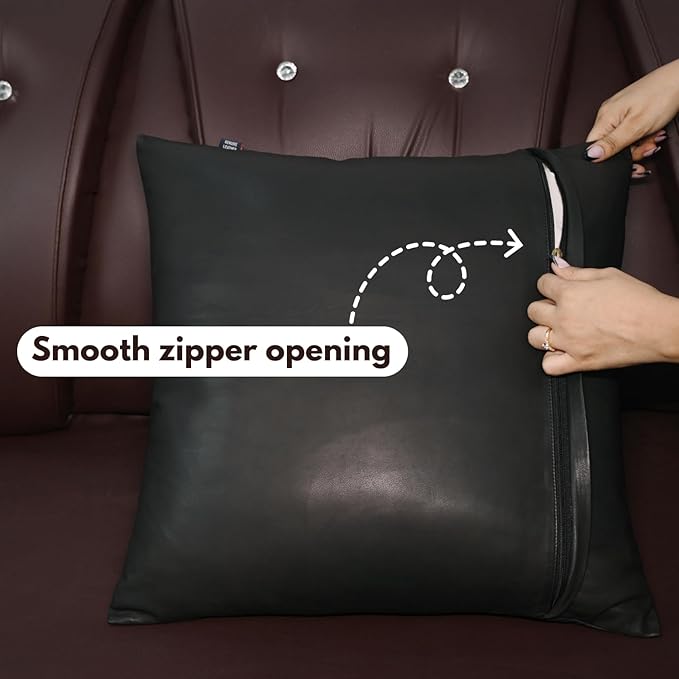 D DOLLY LAMB Lambskin Leather Pillow Cover - Sofa Cushion Case - Decorative Throw Covers for Living Room & Bedroom, 16x16 Inches - Black Pack of 2