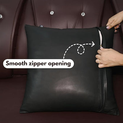 D DOLLY LAMB Lambskin Leather Pillow Cover - Sofa Cushion Case - Decorative Throw Covers for Living Room & Bedroom, 16x16 Inches - Black Pack of 2