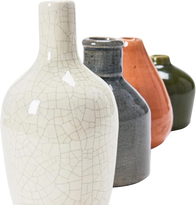 Creative Co-Op Stoneware Bud Vases in Crackle Glaze, Olive/Terracotta Tones, Set of 4