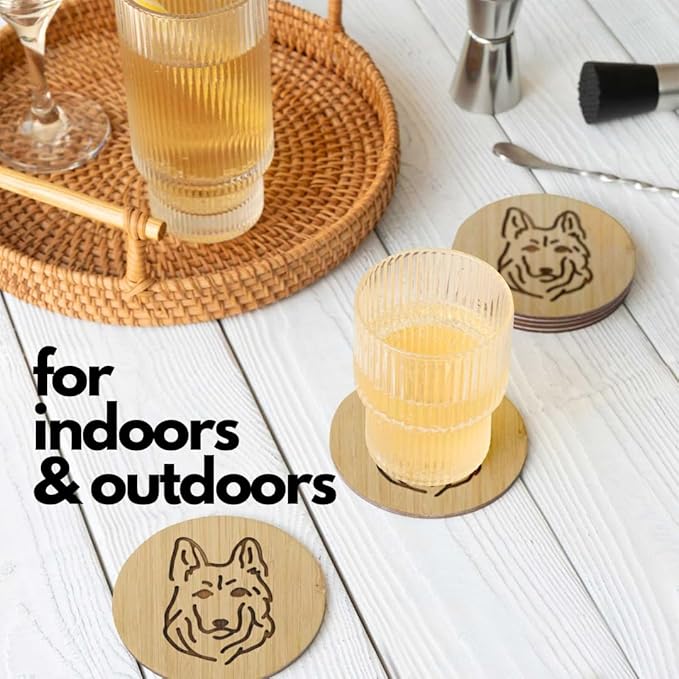 Set of 6 Bamboo Laser-Engraved Fun Dog Coasters with Iron Holder - Gift Packaging 3.9 Inch Non-Stick Absorbent Durable and Unbreakable Wooden Cup Coasters for Dog Lovers (German Shepherd)