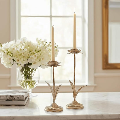Antique Gold Metal Flower Taper Candle Holder, Rustic Farmhouse Style, Set of 2, Centerpiece Wedding Festive Christmas Mantel Decoration