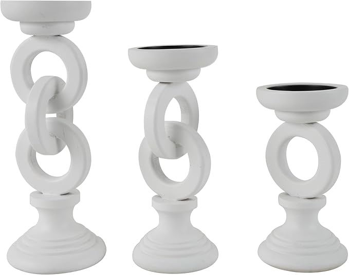 Deco 79 Wooden Decorative Candle Holder Chain Link Candle Stand, Set of 3 Candlestick Holder 13", 11", 9" H, White