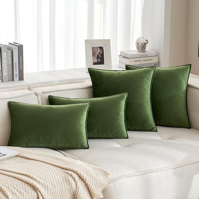 MIULEE Moss Green Decorative Velvet Throw Pillow Covers Soft Pillow Covers Spring Soild Square Cushion Case for Spring Sofa Bedroom 20x20 Inch 50x50 cm